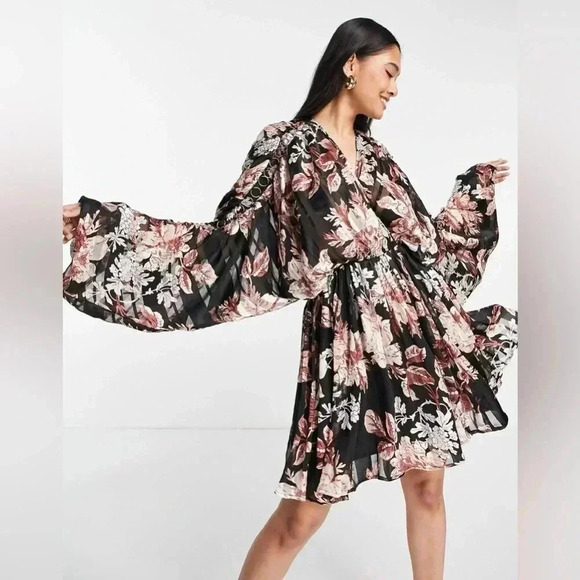 Asos Design Curve Floral Print Long Sleeve Satin Mini dress Size 14 NWOT - Picture 2 of 14